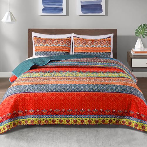 Exclusivo Mezcla Reversible Boho Quilts Twin Size, Blue Bedspreads Lightweight Coverlet All Season Bohemian Quilt Bedding Set with Printed Floral Pattern (1 Quilt, 1 Pillow Sham) Exclusivo Mezcla