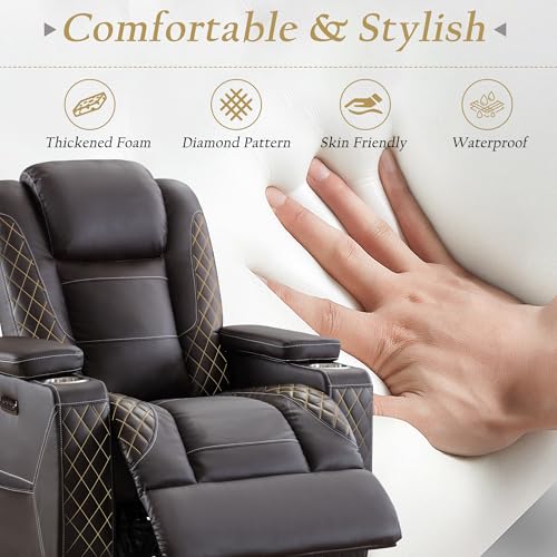TUNYI Home Theater Recliner Chair - Power Recliner Sofa Chair with Adjustable Headrest Faux Leather Reclining Chair with USB/Storage/LED Light/Cup Holder (Brown, 1 PC)
