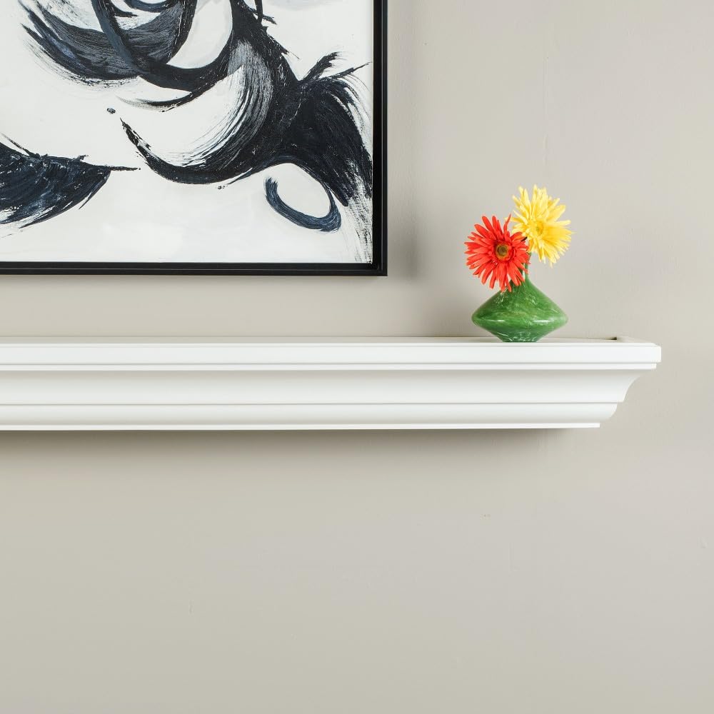 MANTELSDIRECT 60 Inch Floating Fireplace Mantel Wood Shelf in White - Colton from Mantels Direct | Wooden Rustic Wall Shelf Perfect for Décor and Electric Fireplaces MANTELSDIRECT