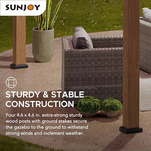 Sunjoy 13 x 15 ft. Wood Gazebo, Outdoor Patio Steel Hardtop Gazebo, Cedar Framed Wooden Gazebo with 2-Tier Metal Roof, Suitable for Patios, Lawn and Backyard, Dark Brown Roof + Dark Wood Frame Sunjoy