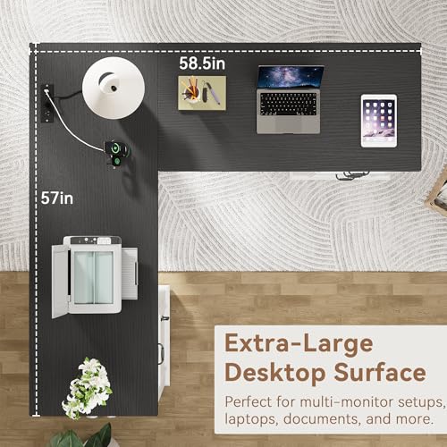 Farmhouse L Shaped Executive Desk with 4 Drawers, Home Office Desk with Hidden Under-Desk Storage Shelf and Charging Station, File Cabinet Storage, Wood Corner Computer Desk for Work(White+Black) Jocoevol