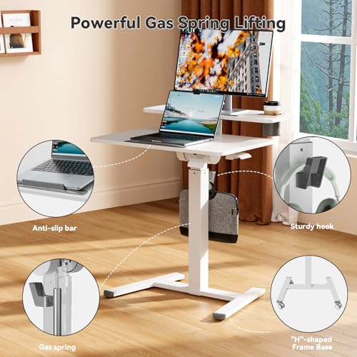 Liftsync 28Inch Mobile Standing Desk On Wheels, Rolling Laptop Stand with Tiltable Desktop, Small Computer Workstation Adjustable Height, 2-Tier Portable Study Table with Storage Shelves, White Liftsync
