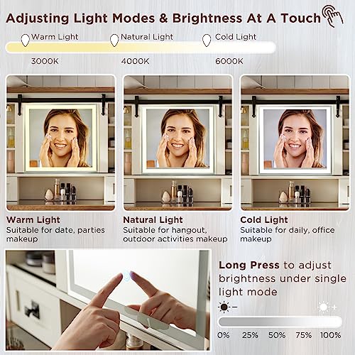 T4TREAM Farmhouse Makeup Vanity Desk with Sliding Mirror and Lights, 42'' Glass Tabletop Vanity Table with 2 Drawers & Shelves, Rustic Big Vanity Set T4TREAM