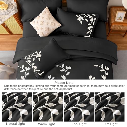 METAHOTS King Size Comforter Set - 7 Pieces White Floral Botanical Printed on Black King Comforter Set with Sheets, Soft Lightweight Microfiber Bedding Set for All Season(104"X90") METAHOTS