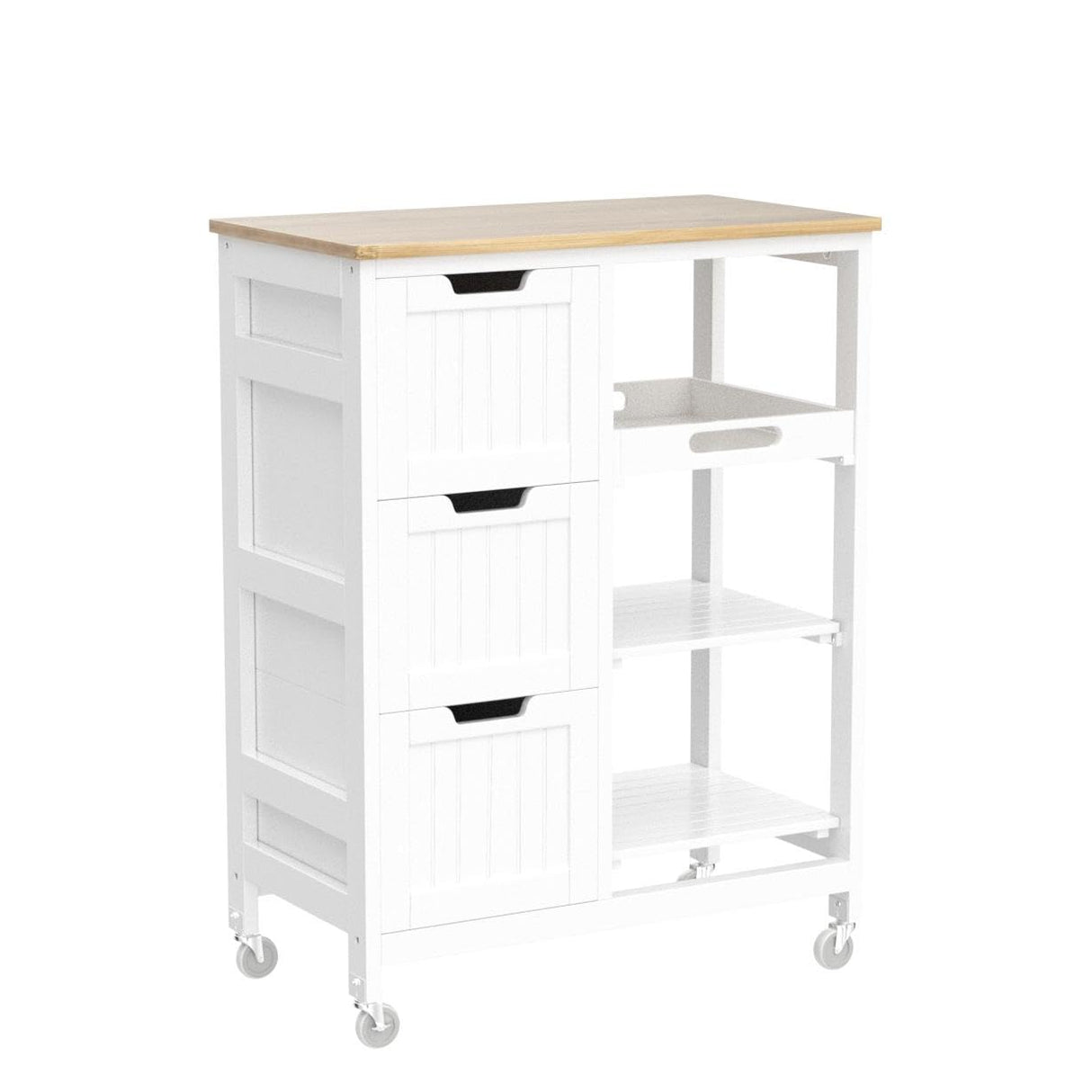 Yaheetech Kitchen Island Cart on Wheels with Bamboo Countertop, Rolling Serving Utility Trolley Cart with 3 Drawers, 3 Removable Shelves & Lockable Casters, Storage Cabinet for Dining Room, Bar, White Yaheetech
