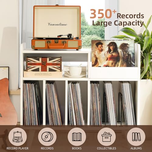 UODERS Record Player Stand, Large Record Player Table Cabinet with Open Vinyl Storage and Display Shelf Holds up to 350 Albums, Mid Century Wood Turntable for Living Room, Bedroom (White) UODERS