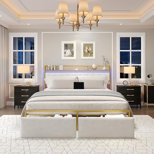 GarveeHome King Bed Frame with 2 Storage Drawers, LED Bed Frame with 2-Tier Storage Headboard&Charging Station, Metal Platform Bed Frame, No Box Spring Needed, Noise Free, White GarveeHome