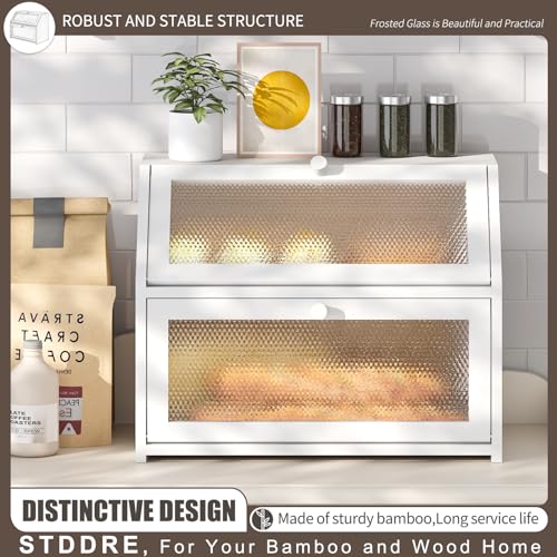 STDDRE Bread Box for Kitchen Countertop Bin Double Layer Bread Box Storage Container Extra Large Capacity Farmhouse Bread Box with Diamond Pattern Windows(Bamboo White) STDDRE