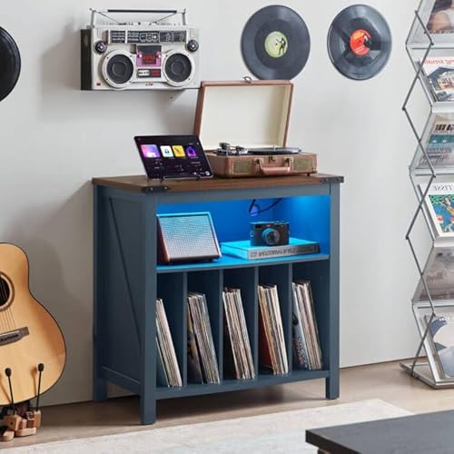 Joaxswe Large Record Player Stand with Charging Station & LED Lights, Vinyl Records Storage Holder Cabinet Holds up to 230 Albums, Turntable Stand for Music Room, Bedroom, Living Room, Office (Blue) Joaxswe
