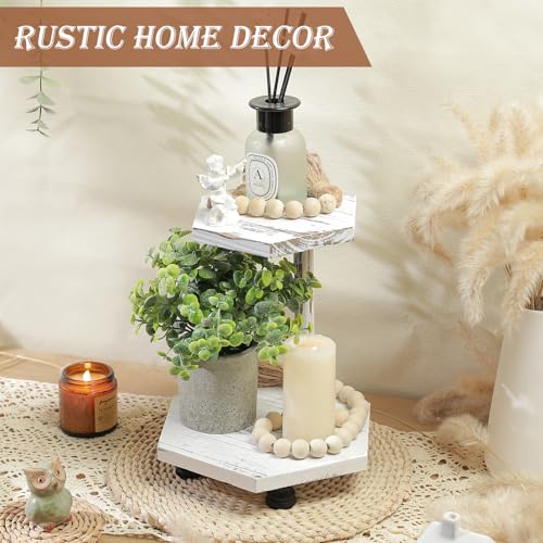 Tikea Hexagonal Wood Riser for Display, 2-Tier Wood Farmhouse Riser for Kitchen Bathroom Counter Decor, Decorative Tray for Soap Dispenser, Decorations and Plant (White) Tikea