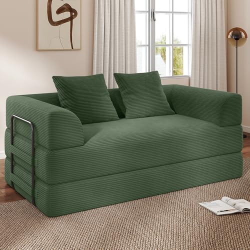 Cloud Boneless Convertible Floor Sofa Bed, 70" 4-in-1 Foldable Compressed Loveseat Lounge Sleeper 2 Seater Couches, High-Density Sponge & Corduroy Fabric Futon Daybed for Living Room Bedroom(Green) Living&Giving