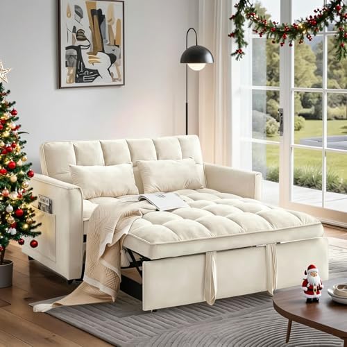 Trygoal Convertible Sofa Bed, Pull Out Couch with Side Pockets, 3 in 1 Velvet Fabric Loveseat Sleeper Sofa Bed, Pull Out Couch with Adjustable Backrest for Living Room, Bedroom, Apartment, White Trygoal