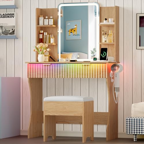 Vanity Desk with LED Lights Mirror & Power Outlet, Small Makeup Vanity Table Set with Storage Drawers & Chair, 3 Lighting Modes & Adjustable Brightness, Dressing Table for Women Girls Bedroom, Oak Xixini