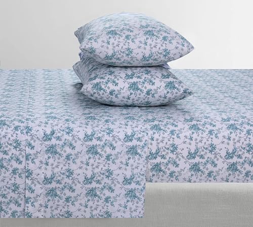 Feather & Stitch Softest 100% Cotton Sheets, 300 Thread Count Percale Weave Bedding, 16" Deep Pocket, Cooling Sheets, Breathable Bed Set, Hotel Premium Quality (Queen, Blue Floral) FEATHER & STITCH NEW YORK