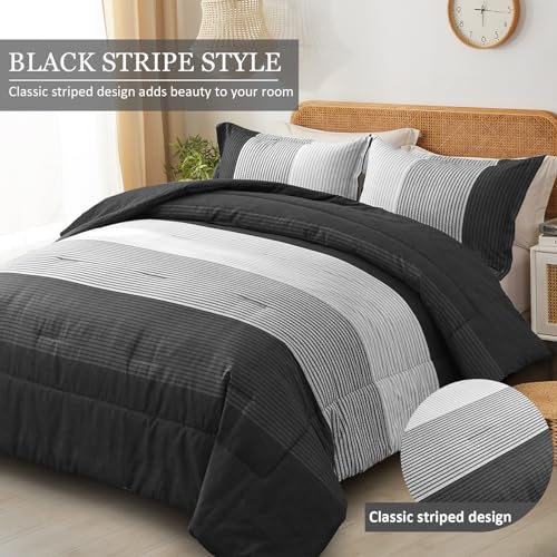 WONGS BEDDING Black Comforter Set Queen, Reversible Black Grey Stripe Down Alternative Comforter for All Season,3 Pieces(1 Patchwork Comforter+2 Pillowcases), Soft Microfiber Bedding Set 90"×90" WONGS BEDDING