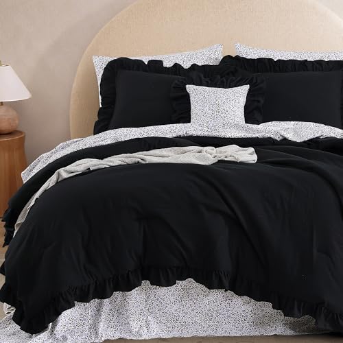 BLOOMHAVEN Full Comforter Set - 7 Pieces Ruffle Black Bedding Sets, Shabby Chic Farmhouse Bed in a Bag Full with Ruffle Comforter, Floral Sheets, Pillowcases & Shams BLOOMHAVEN