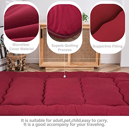 MAXYOYO Japanese Floor Mattress Futon Mattress, Thicken Sleeping Pad Foldable Roll Up Floor Futon for Adults Tatami Mat Dormitory Bed Lounger, Burgundy, Full Size MAXYOYO