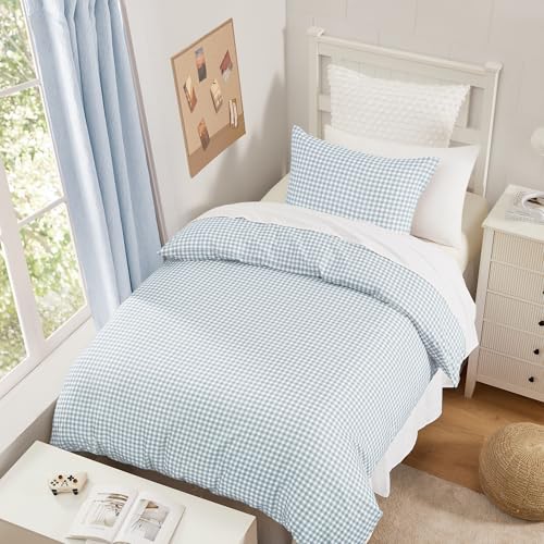 Andency Gingham Duvet Cover Twin Size, Blue Checkered Plaid Bedding Set with Zipper Closure & Corner Ties, 2 Pieces Soft Prewashed Microfiber Comforter Cover for Dorm Kids Andency