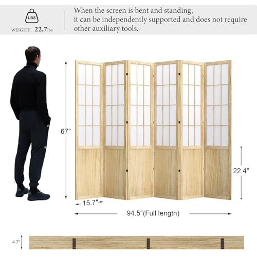 Room Divider, 66.9Inch Tall Japanese Shoji Style Folding Wood Screen with Double Hinges for Home Office Bedroom Hotel Decoration (6Panels, Natural) Svimi