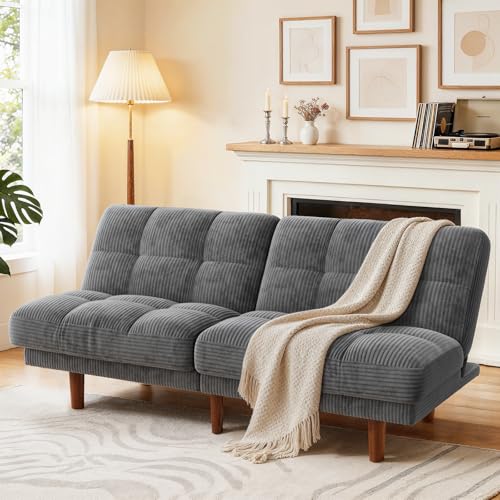 Marsail 65" Futon Sofa Bed, Convertible Small Recliner Sleeper Sofa Bed with Adjustable Backrest, Corduroy Loveseat Futon Couch for Small Apartments, Living Room Office, Guest Room (Grey) Marsail