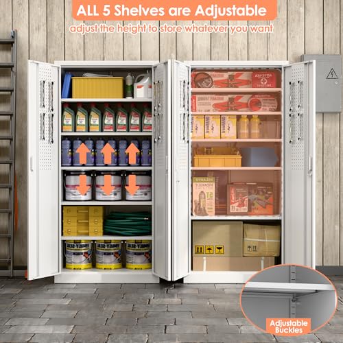 JAORD Metal Storage Cabinet with 5 Adjustable Shelves and Pegboard, 71" H White Garage Storage Cabinet with Doors, Metal File Cabinet for Garage,Home, Office, White, Assembly Required JAORD