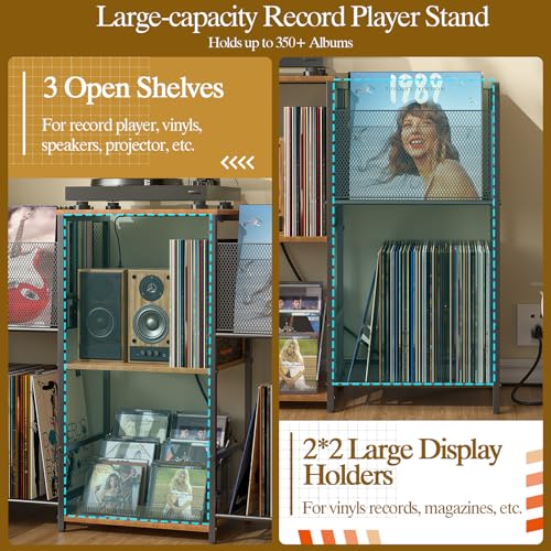 3IngSeagulls Record Player Stand with Power Outlets and LED Light, Turntable Stand Storage Up to 350+ Albums, Record Player Stand with Vinyl Storage, Tuntable Stand with Record Holder for Living Room 3IngSeagulls