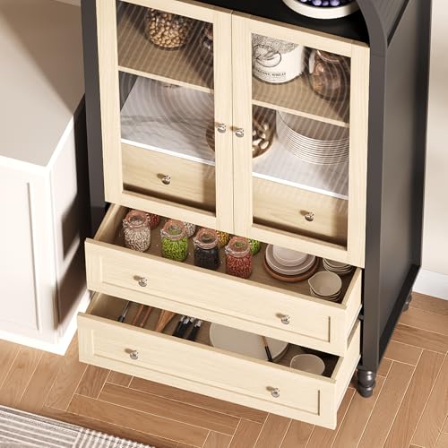 Curtainboro 70in Tall Arched Pantry Cabinet, Wooden Kitchen Bookcase Storage Cabinet with LED Light 3 Drawers Adjustable Shelves Glass Door for Kitchen Living Dining Room, Oak & Black Curtainboro