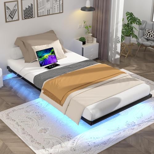 Aelawe Floating Bed Frame Twin Size with LED Lights and Charging Station, Metal Platform Bed, Easy Assembly No Box Spring Needed Aelawe