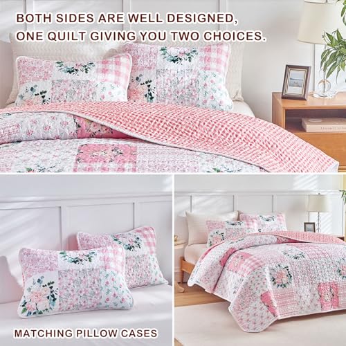 Joyreap 2 Pieces Floral Patchwork Quilt Set Twin, Pink n White Flowers Design, Soft n Cozy Microfiber Quilt, Bedspread Bed Cover for All Season, 1 Quilt and 1 Pillow Sham- 68x86 inches Joyreap
