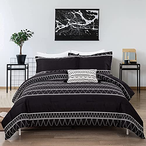 WONGS BEDDING Black Comforter Set King Size (104"x 90"), Reversible Boho Striped Bedding Set for King Bed - 3 Pieces (1 Comforter + 2 Pillowcases), Soft Microfiber Down Alternative WONGS BEDDING