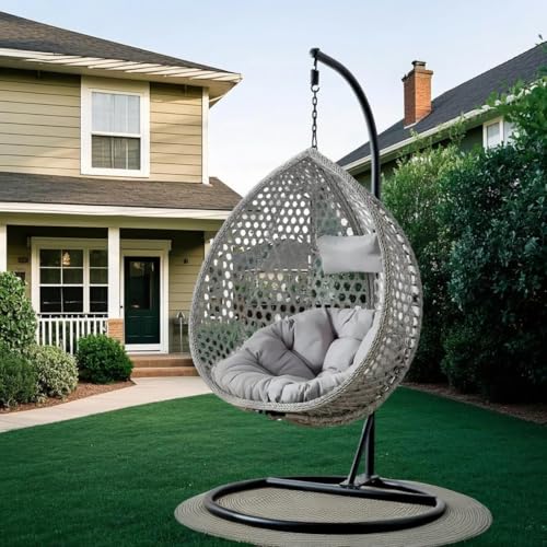 Egg Swing Chair Outdoor with Stand, Hanging Egg Rattan Basket Chair with Cushion and Pillow, Lounge Chairs for Backyard Sunroom Patio Balcony Bedroom (Grey)