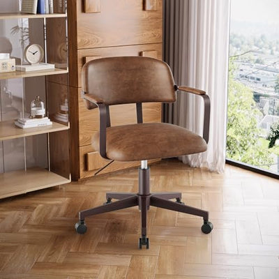 BERYTH Home Office Desk Chair, Mid-Century Style Desk Chair with Padded Arms, Adjustable Seat Height, Mid Back 360° Small Computer Chair with Mobile Mute Wheel, PU Leather (Brown)