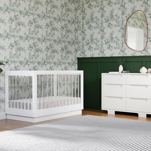 Babyletto Harlow Acrylic 3-in-1 Convertible Crib with Toddler Bed Conversion Kit in White with Acrylic Slats, Greenguard Gold Certified babyletto