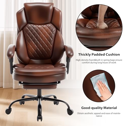 linting 400lbs Reclining Office Desk Chair with Footrest, Plus Size Comfortable Big Tall Brown Leather Recliner Office Chairs for Heavy People linting