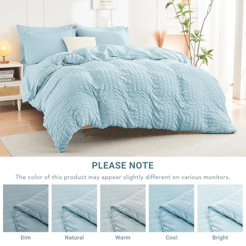HYMOKEGE Lake Blue Queen Comforter Set Seersucker 7 Pieces, All Season Luxury Bed in a Bag for Bedroom, Bedding Set with Comforters, Sheets, Pillowcases & Shams HYMOKEGE