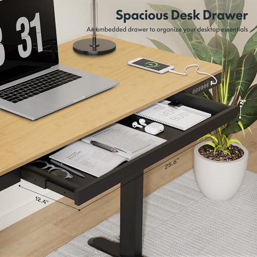 FLEXISPOT Comhar Electric Standing Desk with Drawer Desktop & Adjustable Frame w/USB Charge Ports (Bamboo-Look Laminate/Black, Wood) FLEXISPOT