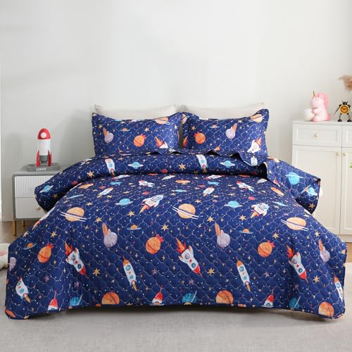 CIMVI Space Rocket Universe Quilt Set Twin for Kids Boys Bedding Sets with Pillowcase Soft Microfiber Bedspread Lightweight Cute Summer Quilted Blanket All-Season CIMVI