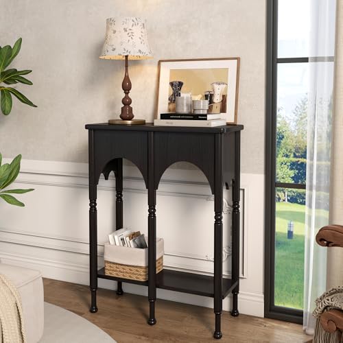 Topbele Console Table with Storage Shelf, 28" Small Entryway Table with Roman-Style Legs, Wooden Sofa Table Retro 2-Tier for Living Room, Hallway, Black Topbele