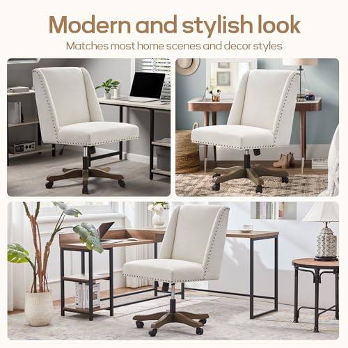 Zihanhome Armless Upholstered Office Chair with Wooden Legs, Modern Criss Cross Adjustable Home Office Desk Chair No Arms Sewing Chair Swivel Chair for Women Farmhouse Study Studio (Beige) Zihanhome