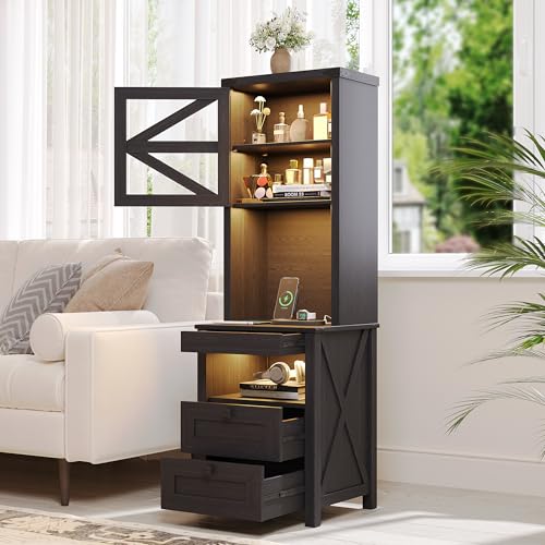 HWB Tall Night Stand with Charging Station and LED Lights, Farmhouse Nightstand with Gun Drawer&Adjustable Shelf, Bedside Table with 3 Drawers for Bedroom, Black HWB