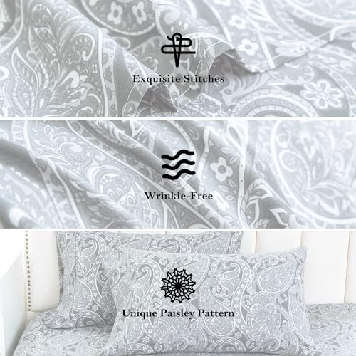 KACEMOO Bed Sheets Twin Size Light Gray Paisley Sheets Printed Floral Sheet Set Flower Pattern Deep Pocket Fitted Bed Sheet Set Microfiber Soft Breathable 1800 Thread Count Single Bedding Set KACEMOO