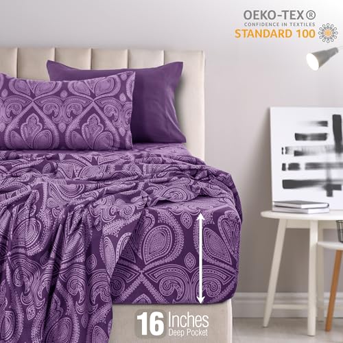 Ultra Soft Wrinkle-Free Microfiber Paisley Twin XL Sheet Set, Breathable Boho Bed Sheet Set – 16" Deep Pocket Fitted Sheet, Flat Sheet & 2 Pillowcases, Juegos de Sábanas, OEKO-TEX - Purple LDC LUX DECOR COLLECTION