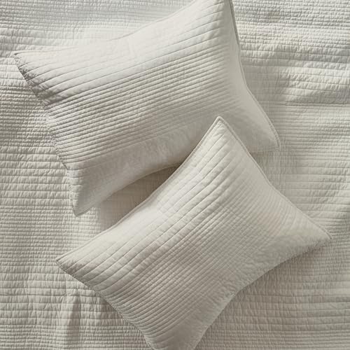 palassio Striped Beige 100% Cotton Quilt Queen Size Bedding Sets, Lightweight Crinkly Channel Pick Stitch Textured Bedspread Soft Shabby Chic Farmhouse Country Coverlet for All Season, 2 Shams palassio