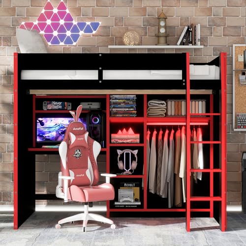 Merax Wood Loft Bed with Desk, Open Wardrobe, Storage Compartments and RGB Lights, Full Size, Red Merax