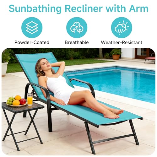 DUMOS Outdoor Lounge Chaise, 5-Position Aluminum Chaise Lounge with Armrests, Sun Tanning Chair 350 lbs Heavy Duty Patio Pool Chair, Waterproof Sun Lounger for Deck, Backyard, Beach & Poolside, Blue