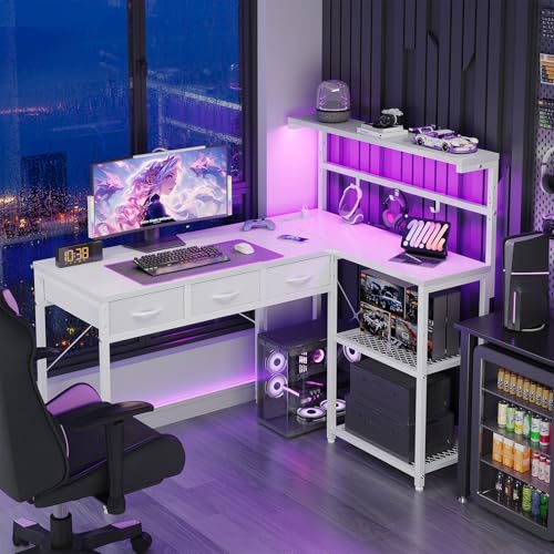 Grandder 50 Inch L Shaped Gaming Desk with 3 Drawers & Storage Shelves & Hutch, Computer Desk with USB Ports, Study Writing Table for Bedroom, Simple Modern Laptop Desk for Home Office, White Grandder
