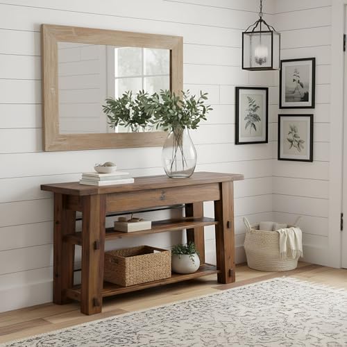Durango 54-Inch Farmhouse-Industrial Style Wood Console Table with Two Open Shelves, Solid Wood Top, and Natural Grain and Knots – Fits TVs up to 60 Inches in Living Rooms by Alaterre Furniture Alaterre Furniture