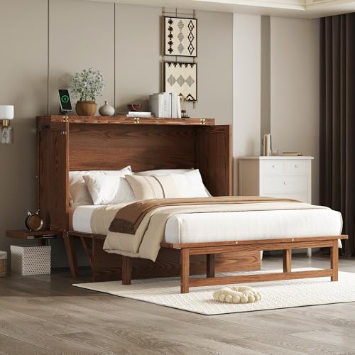 Ball & Cast Murphy Bed Full W/Desk & 2 Removable Shelves,Cabinet Bed W/ 2 USB Port & Power Outlets,Hidden Foldable Wall Bed Frame for Home Office,Apartment,Guest Room,Walnut Ball & Cast