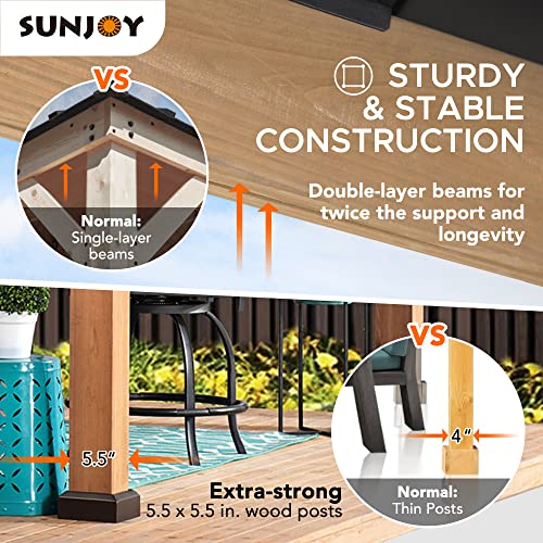 Sunjoy Hardtop Gazebo 11 x 13 ft. Standard Cedar Framed Wood Gazebos with Brown Steel and Polycarbonate Hip Roof for Garden, Backyard Shade, Brown Roof + Natural Wood Frame Sunjoy