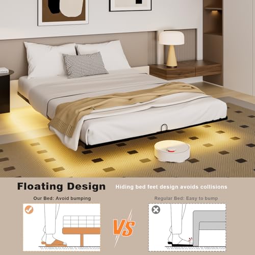 YIADDTION Queen Size Floating Bed Frame with Smart LED Lights, Modern Metal Platform Floating Bed Frame Queen - Heavy Duty Easy Assembly No Box Spring Needed and Noise Free YIADDTION